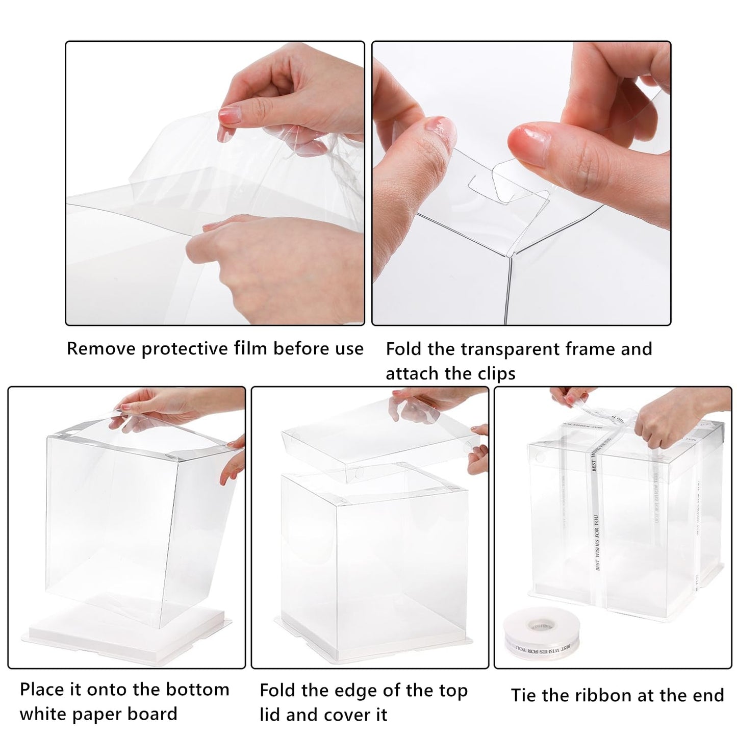 Cididu 6 Pcs Clear Cake Box with Ribbon, 2-Layer Tall Cake Packaging Boxes 8x8x9 Inch, PET Cake Carrier Transport Container for Tiered Cakes, Transparent Gift Display Boxes with Lid for Birthday Party