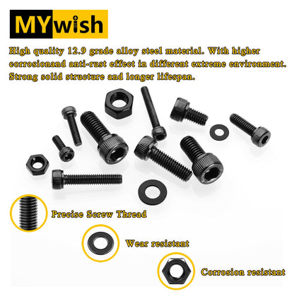 Mywish 900Pcs M3 M4 M5 M6 Metric Screws Assortment, Grade 12.9 Alloy Steel, Nuts and Bolts Hex Socket Head Cap Metric Bolts & Nuts & Flat Washers Kit, Black Zinc Plated, Anti Rust Machine Screws