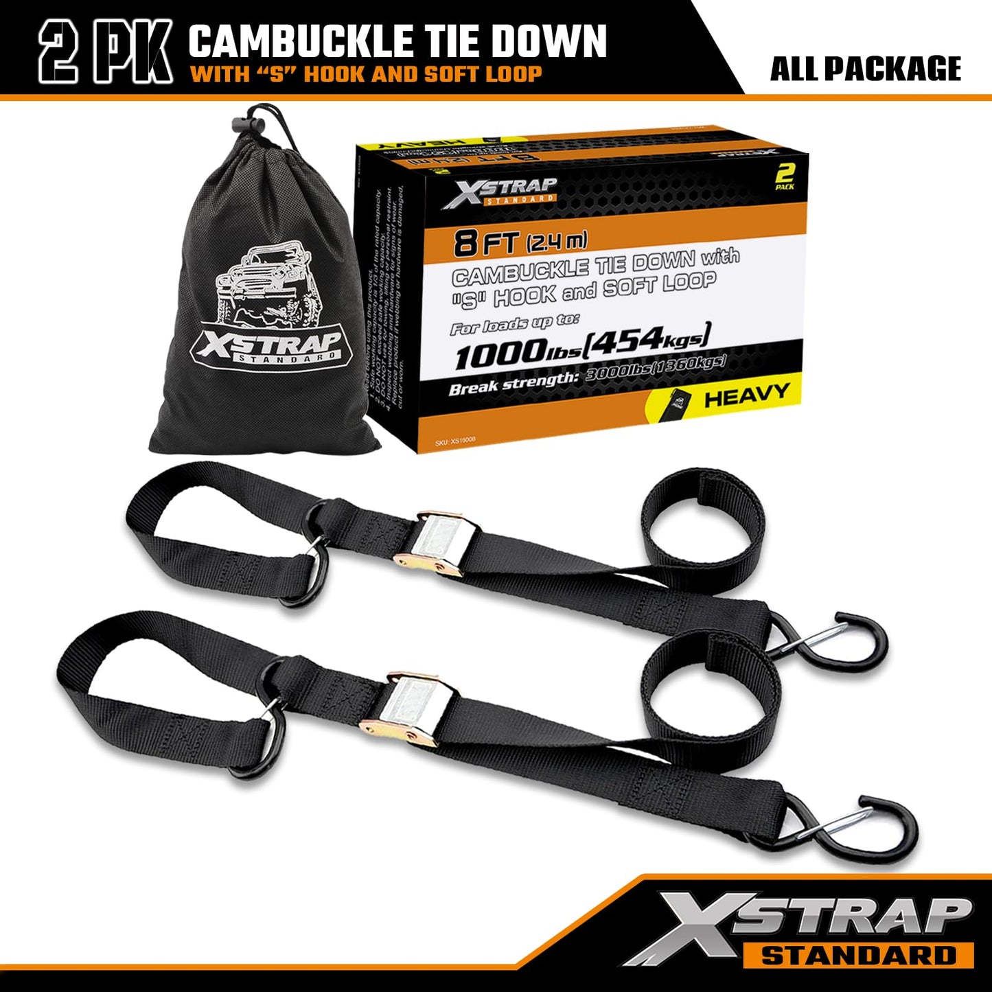 XSTRAP STANDARD Motorcycle Tie Down Straps (2 Pack) 3,000lb Break Strength, 1.5 in X 8FT Heavy-Duty Cambuckle Tie Down Set with S Hook and Soft Loops, Black