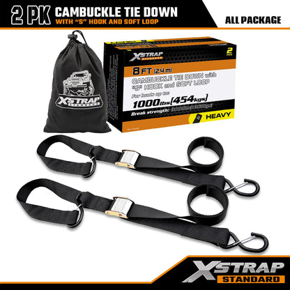 XSTRAP STANDARD Motorcycle Tie Down Straps (2 Pack) 3,000lb Break Strength, 1.5 in X 8FT Heavy-Duty Cambuckle Tie Down Set with S Hook and Soft Loops, Black