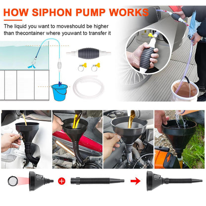8 Pieces Filling Funnel Set, Gasoline Fuel Funnel，Right Angle Flexible Plastic Funnel Set, Universal Auto Gasoline Fuel Funnel with Detachable Hose and Manual Oil Absorber