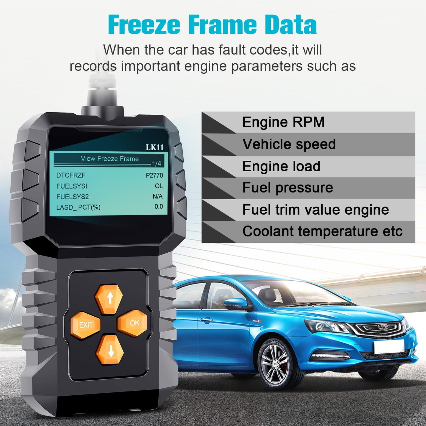 OBD2 Scanner Ease Setup Plug-Play: Clear Reset Engine Error Code Professional Code Reader Diagnostic Scan Tools with Freeze Frame/I/M Readiness for All Cars Since 1996 & Newer -LK11