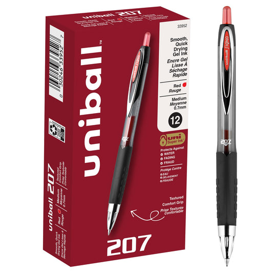 uni-ball 207 Rollerball Gel, Gel Retractable Roller Ball Pen Medium-0.7mm, 12 Pack, Red Ink (33952)