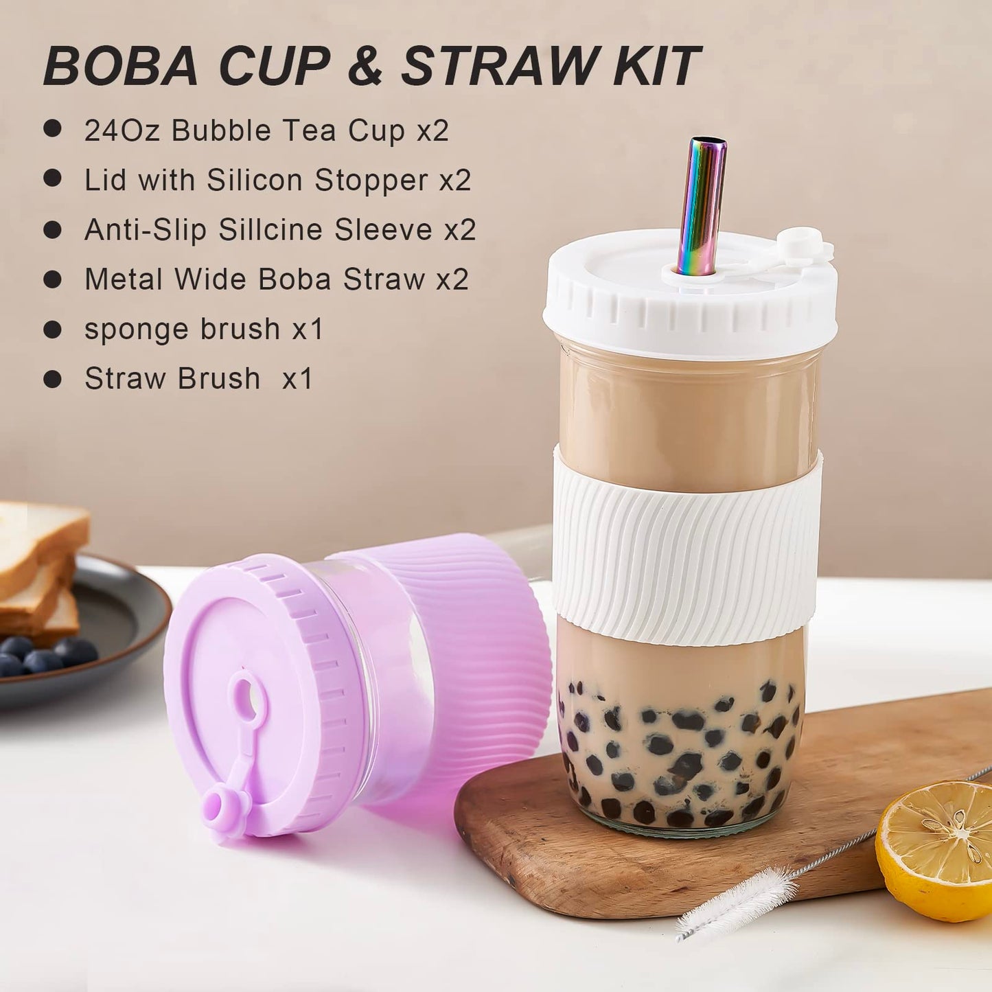 HEFBCOMK 2 Pack Reusable Boba Cup Smoothie Tumbler Glass Bubble Tea Cup, 24oz Iced Coffee Cups with Lids and Straws, Mason Jar Drinking Glasses for Bubble Tea, Beer, Smoothie, Juice (Black)