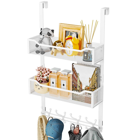 SWTYMIKI Over The Door Hook with 16 Hooks & 2 Mesh Baskets - Heavy Duty Over The Door Organizer Hanger for Towels, Coats, Clothes - Space Saving Hanging Rack for Bathroom, Living Room, White