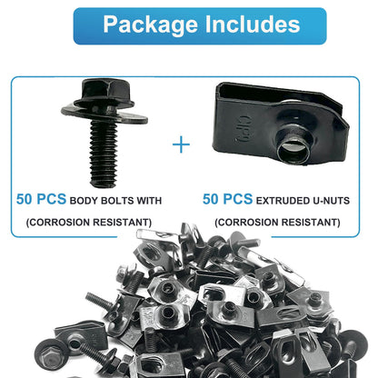 CSMATEYEAH 100 Pcs M6-1.0 Body Bolts U Nuts Kits, Bumper Fender Liner Push Pull Metal Rust-Resistant U Retainer, Universal for Most Cars Fastening Accessories, Steel, Black