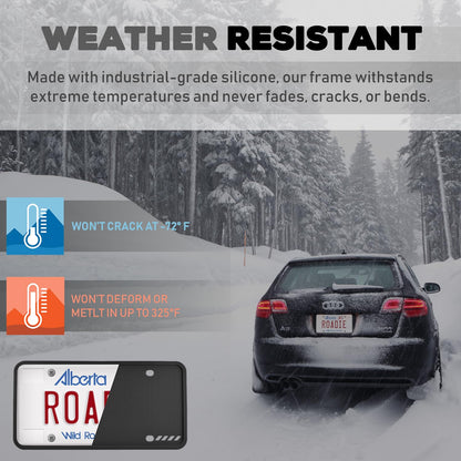 Premium Black Silicone License Plate Frame – 2 Pack, Rust Proof, Rattle Proof, Weather Proof Universal License Plate Holder for Front/Rear, Street Legal, No Obstruction