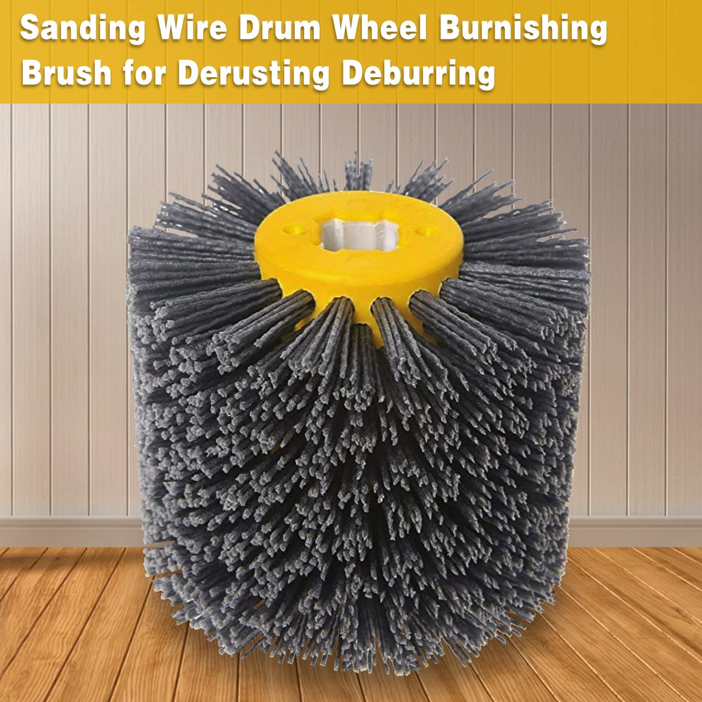 Shineboc Abrasive Nylon Wire Drawing Brushes, 120 Grit 120x100mm Wheel Drum Burnishing Tool Polishing Brush Wooden Wheels for Wood Furniture Working Surface Conditioning Tool (120 Grit)