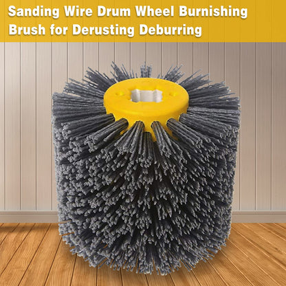 Shineboc Abrasive Nylon Wire Drawing Brushes, 120 Grit 120x100mm Wheel Drum Burnishing Tool Polishing Brush Wooden Wheels for Wood Furniture Working Surface Conditioning Tool (120 Grit)