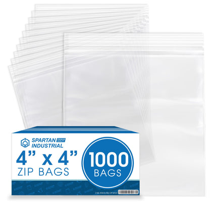 Spartan Industrial - 4” X 4” (1000 Count) 2 Mil Clear Reclosable Zip Plastic Poly Bags with Resealable Lock Seal Zipper
