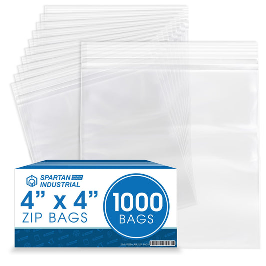 Spartan Industrial - 4” X 4” (1000 Count) 2 Mil Clear Reclosable Zip Plastic Poly Bags with Resealable Lock Seal Zipper