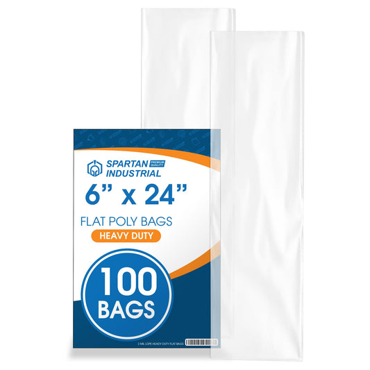 Spartan Industrial - 6” X 24” (100 Count) 2 Mil Heavy Duty Flat Open End Clear Plastic Poly Bags - For Wigs, Popcorn, Posters and More (Bags DO NOT Have Seal & DO NOT Have Prints)