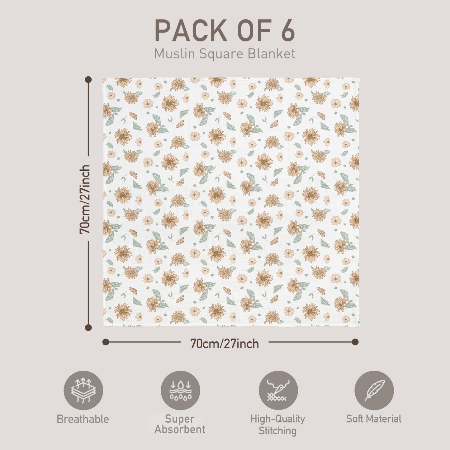 GLLQUEN BABY Receiving Blanket Boy Cotton Muslin Swaddle Blankets Girl Newborn Squares Breathable & Soft Thin Baby Blankets Cloths Double Absorbent Infant Swaddling Wrap - 6 Pack (Sunflower)