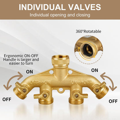 4 Way Garden Hose Splitter, Heavy Duty Hose Connector 3/4", Solid Brass Hose Spigot Adapter 4 Valves with 8 Extra Rubber Gaskets and 1 Seal Tape