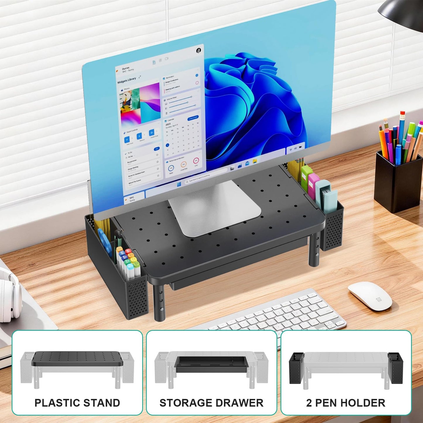 WALI Computer Monitor Stand with Storage, Monitor Riser with Drawer and Pen Holder, Laptop Riser 3 Height Adjustable, Desk Organizer for Computer, Laptop, Printer (PTT003-B), 1 Pack, Black