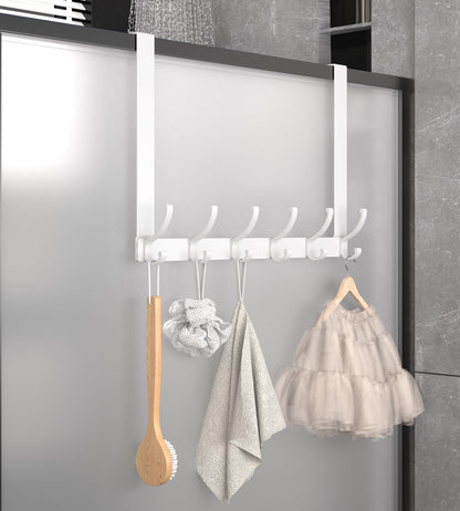 KitchLife Long Over Door Hooks with 15.75" Extended Arms, Fits Standard 1 3/8" Thick Doors, Thickened 1 Pack Double-Hanger with 12 Hooks, Glossy White - Bathroom Bedroom Towel Rack Organization