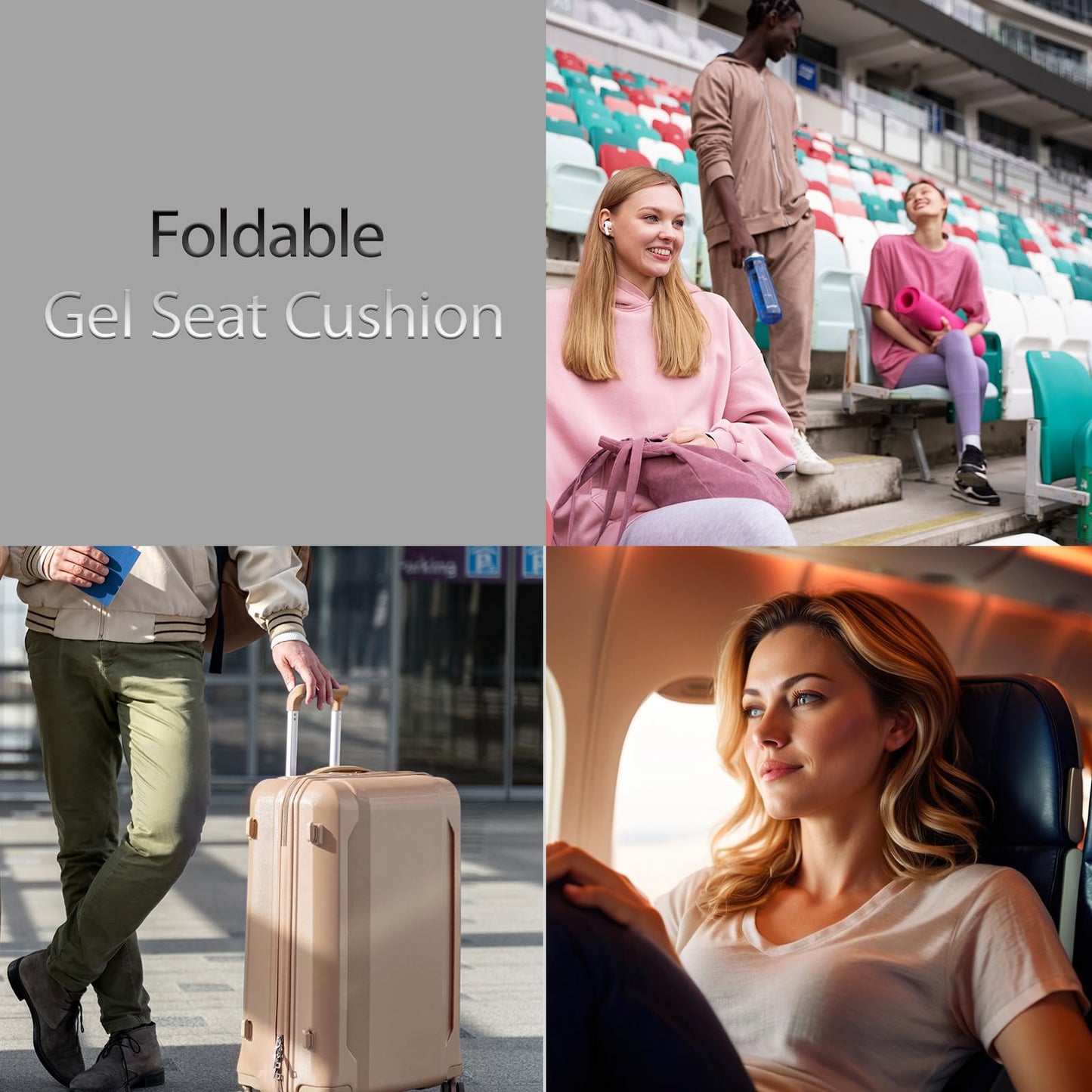 Foldable Gel Seat Cushion of Airy Cooling Gel, Portable Chair Pad for Travel, Honeycomb Seat Cushion for Stadium & Bench, Portable Chair Cushion for Sitting Fatigue Relief (0.9-Inch Thick, Black)