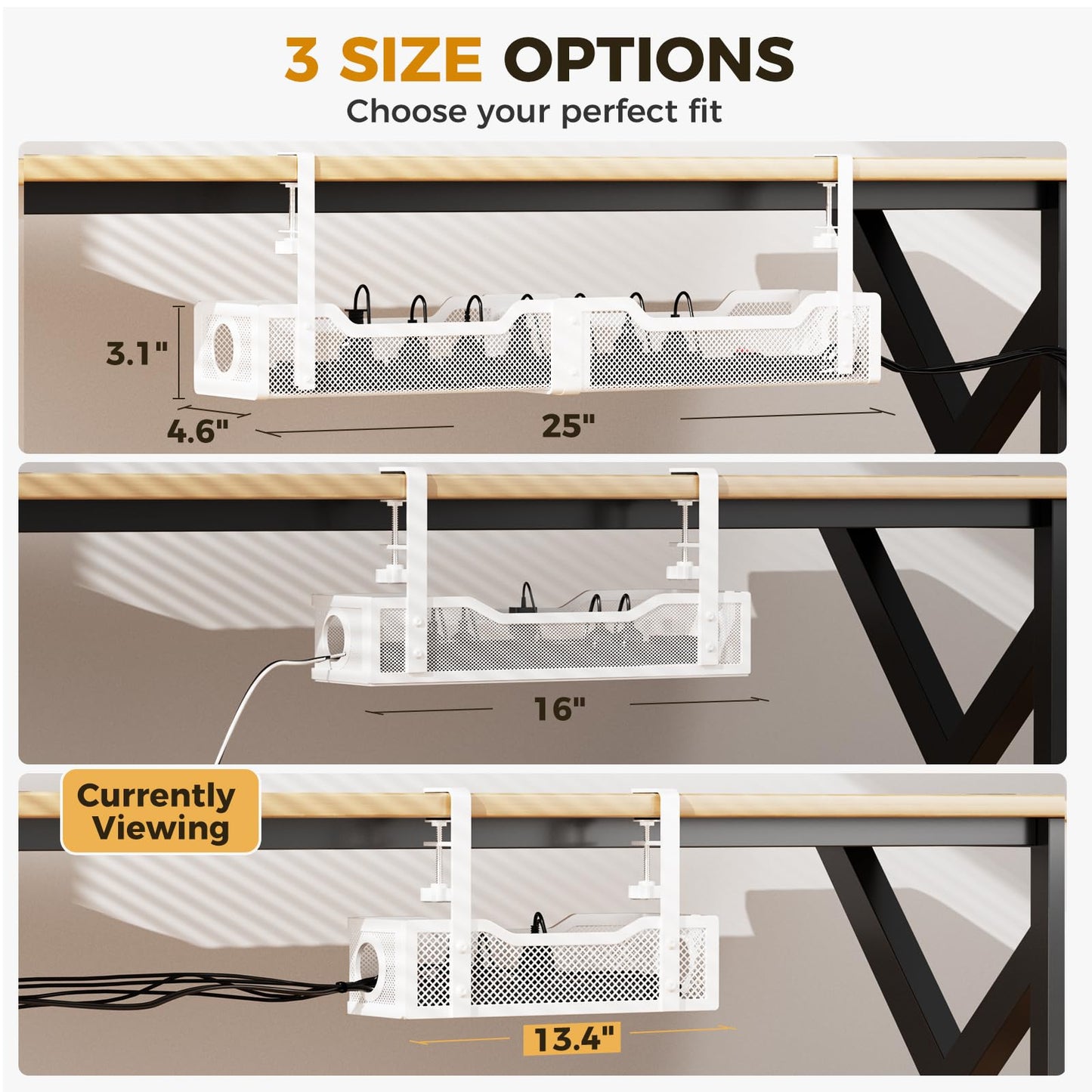 Under Desk Cable Management Tray White, Cinati Cable Management Under Desk No Drill, Cable Tray with Clamp for Desk Wire Management,Desk Cable Management Box for Office, Home - No Damage to Desk