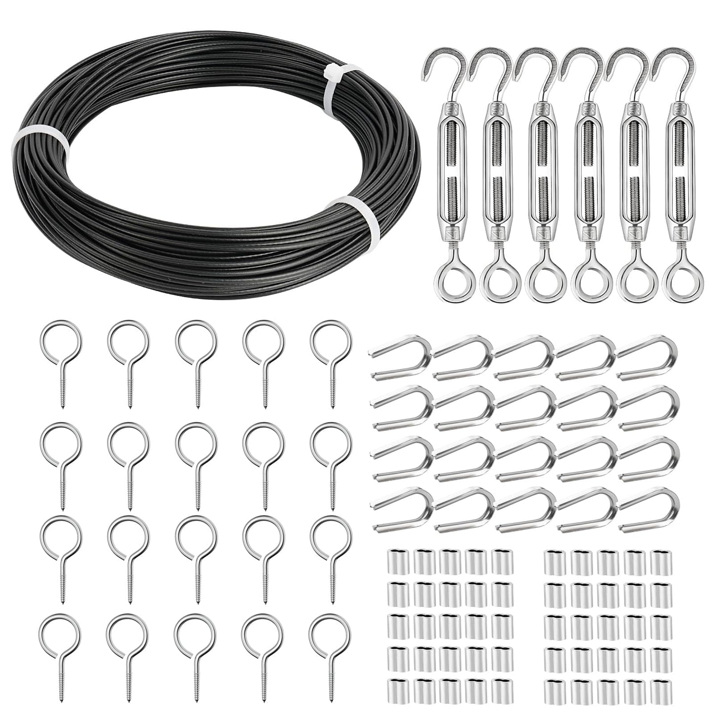 TooTaci Turnbuckle Wire Tensioner Kit with 100ft Stainless Steel Aircraft Cable 1/16, Black Vinyl Coated Wire Rope, Turnbuckles for Cable Tensioner, String Light Hanging Kit, Garden Trellis
