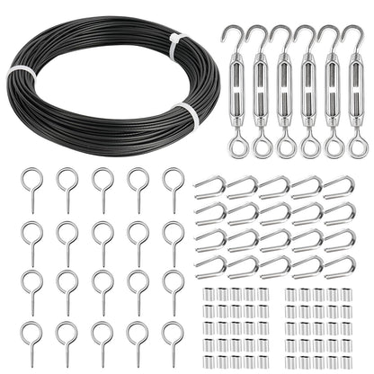 TooTaci Turnbuckle Wire Tensioner Kit with 100ft Stainless Steel Aircraft Cable 1/16, Black Vinyl Coated Wire Rope, Turnbuckles for Cable Tensioner, String Light Hanging Kit, Garden Trellis