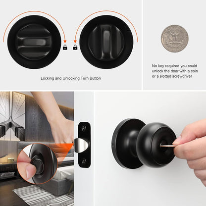 Haidms 2 Packs Matte Black Door Knobs Interior, Round Privacy Door Knob keyless (Thumb Turn Lock on The Inside) Ball Door Knob for Bedroom Bathroom