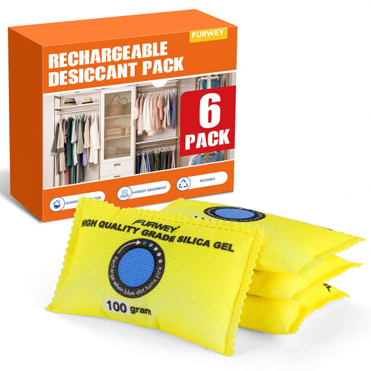 FURWEY 100g (6 Packs) Rechargeable Desiccant Packs for Storage, Color Indicating Silica Gel Desiccant Packets, Moisture absorbers for Storage,Dehumidifier Bag for Closets,Cars,Storage Bins