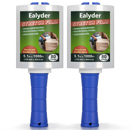 Ealyder Tape 2-Pack Industrial Mini Stretch Wrap Film 80 Gauge 5.1" 1000ft, Self-Adhering Clear Hand Stretch Wrap with Plastic Handle for Packing, Shipping, Moving & Pallet Bundling