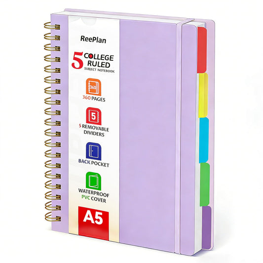 360 Pages A5 Spiral Notebook, 5 Subject Notebooks College Ruled, 100 GSM Thick Paper Lined Journal, Large Note Book with Removable Dividers for School, Office, Work and Writing (Purple)