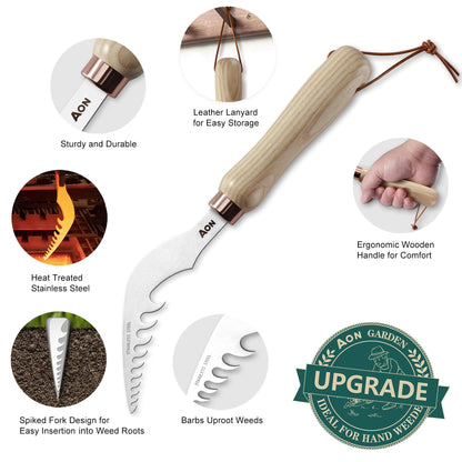 AON 2-Pack Hand Crack Weeder Puller Tool Set - Made with Durable Steel and Ash Wood Ergonomic Handles, Weeding Tools Ideal for Gardens and Patio Lawns to Efficiently Remove Weeds from the Root