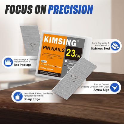 KIMSING P625SS(25mm) 23 Gauge Stainless Steel Micro Pin Nails 9,000 Pcs/Box, Headless Pinner Nails for Pneumatic Pin Nailer