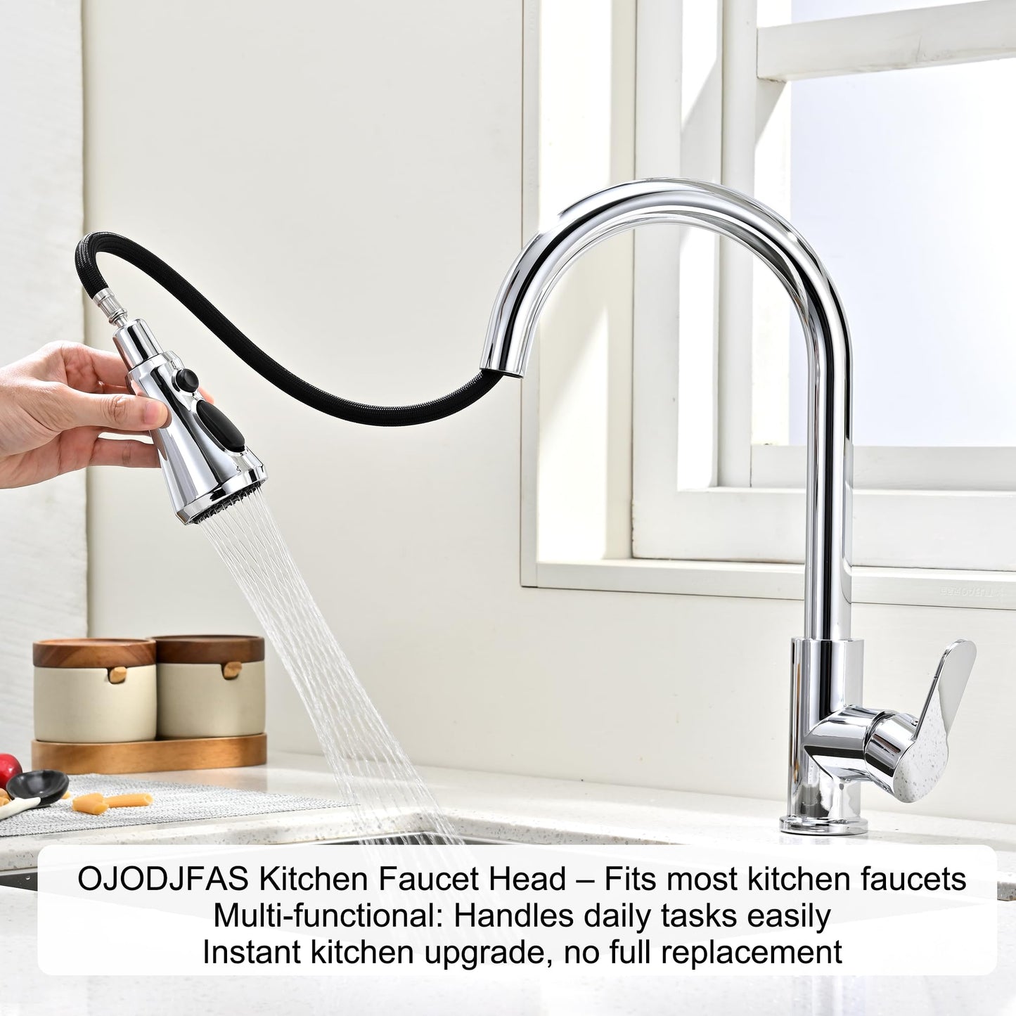 OJODJFAS Kitchen Faucet Head Replacement Polished Chrome,Universal ABS Sink Faucet Head,3 Function Pull Down Spray Nozzle with 15 Adapter,Fits Moen,Delta,Kohler,WEWE,Grohe American Standard Faucet