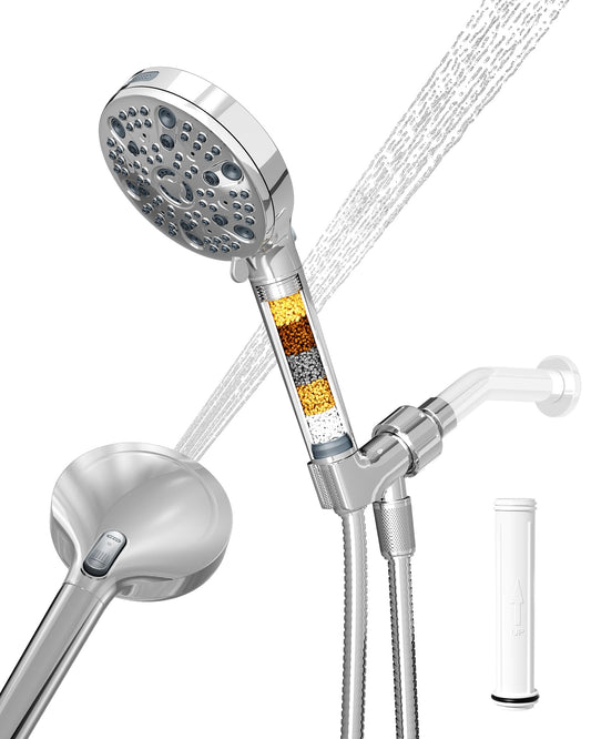 Filtered Handheld Shower Head for Hard Water, High Pressure Showerhead with 7 Spray Modes, Power Jet & Pause, Detachable & Adjustable for Healthier Skin & Hair - Chrome (VMASSTONE HM-003)