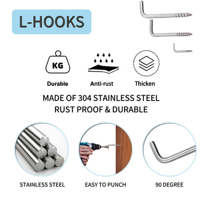 Soimuk 304 Stainless Steel 2 in L Shaped Screw-in Hooks, 50 Pcs, 7 Shapes, Right Angle Medal Hooks for Hanging