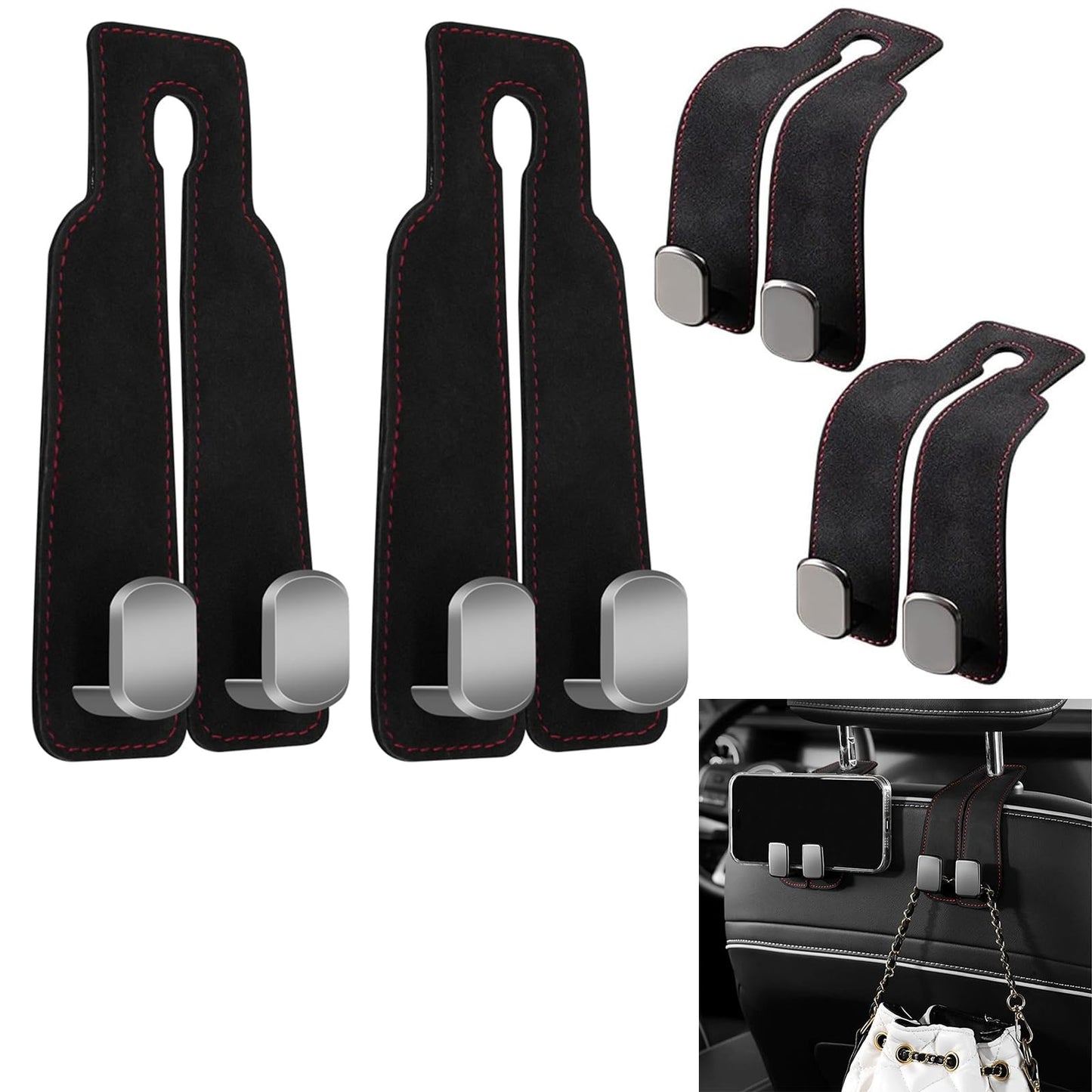 4Pcs Car Seat Back Double Hook,Car Hooks for Headrest, Double Headrest Hooks Purse Holder & Mobile Phone Holder,Multifunctional Hook for Car Seat Back, Car Headrest Hooks for Purses and Bags(Black)