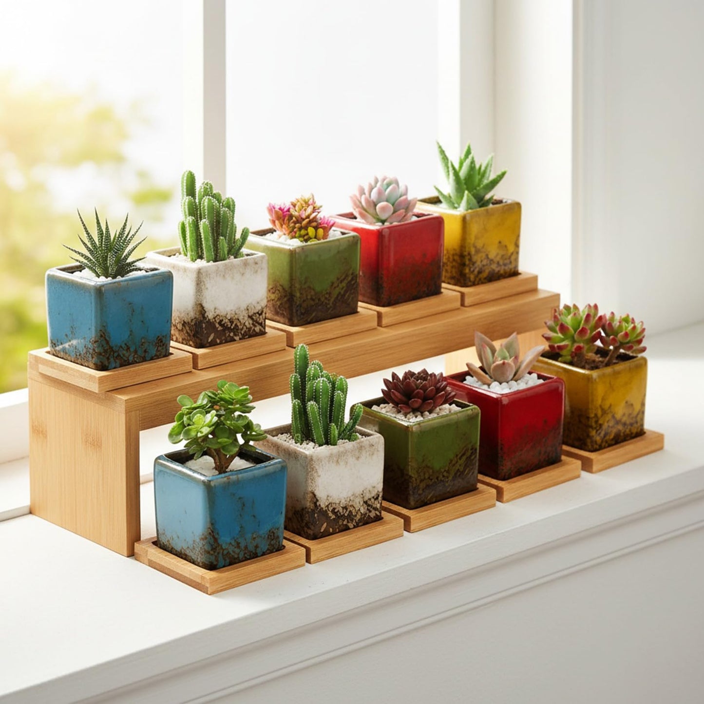 TOPZEA Set of 10 Succulent Planter Pots, 2 Inch Square Ceramic Glazed Cactus Plant Pot Tiny Flower Container with Drainage Hole & Bamboo Tray for Desk, Windowsill, Home Decor, Coffee Bar