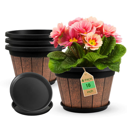 Quarut 4 Pack 10 inch Plant Pots,Whiskey Barrel Planters with Drainage Holes & Saucer,Plastic Decoration Flower Pots Retro Design,Planters for Outdoor Indoor Garden Home Plants (Brown)