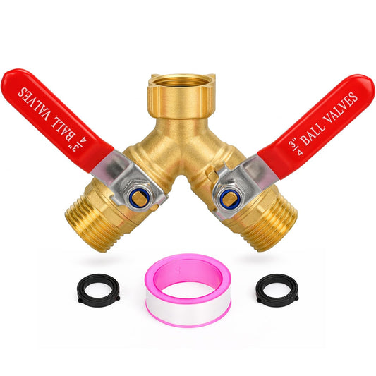 XIBETEO Heavy Duty Brass Garden Hose Splitter 2 Way with Stainless Steel Long Handle 3/4" GHT Thread Hose Y Valve Garden Hose Connector with Seal Tape and Washers