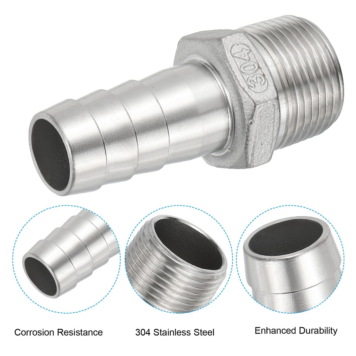 PATIKIL 304 Stainless Steel Barb Hose Fitting, 2 Pack 3/4" Hose Barb x 3/4" NPT Thread Pipe Connector Adapter Quick Fittings for Bore Air Water Connecting