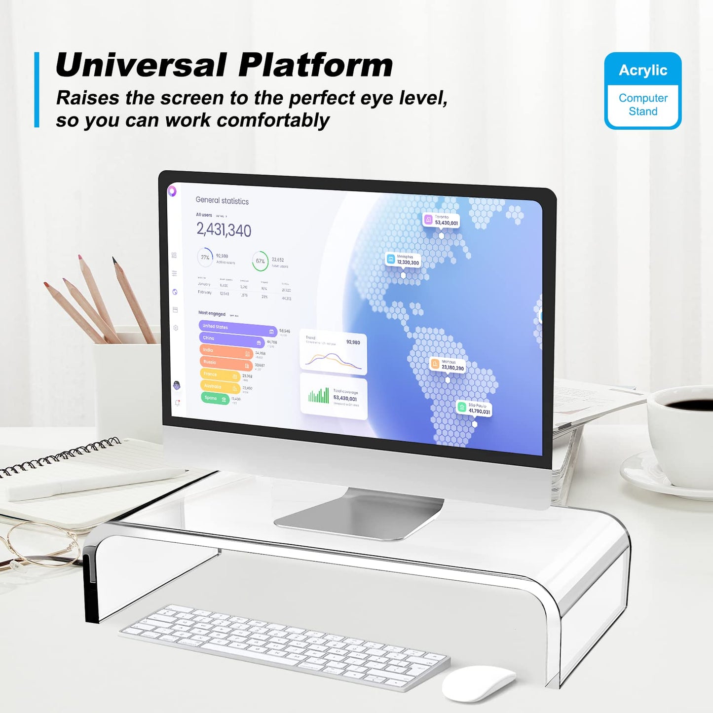Acrylic Monitor Stand Riser - Acrylic Laptop Stand, Clear Monitor Stand, Monitor Riser for Desk Keyboard Storage Office, Home, School