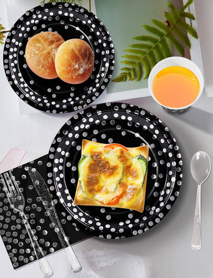 Nkaiso Paper Plates Napkins Cups Set, 141 Pieces Black and Silver Kids Birthday Party Tableware Party Supplies Set Includes Paper Plates Napkins Cutlery for Wedding Shower Engagement -20 Guests