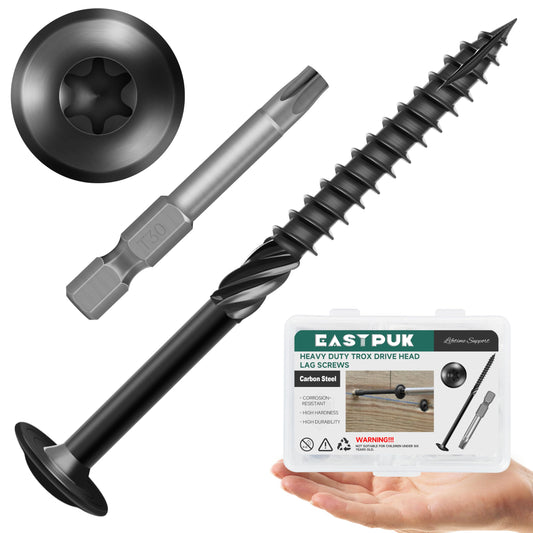 EASTPUK Lag Screws 4 Inch, #14 x 4 Wood Screws, 25-Pack Heavy Duty Self Drilling Structural Screw, Washer Head, Black Coated, T30 Star Drive (with Bit), for Exterior Wood and Timber Fastening