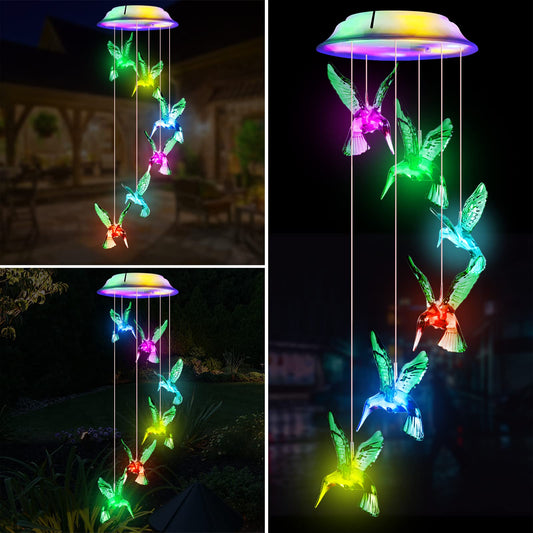Fohil Solar Hummingbird Wind Chimes, Color Changing Solar Powered Lights Outdoors, Waterproof Solar LED Hanging Lights for Garden Patio Pathway Decor,Gifts for Mom Women Valentine's Day Mother's Day