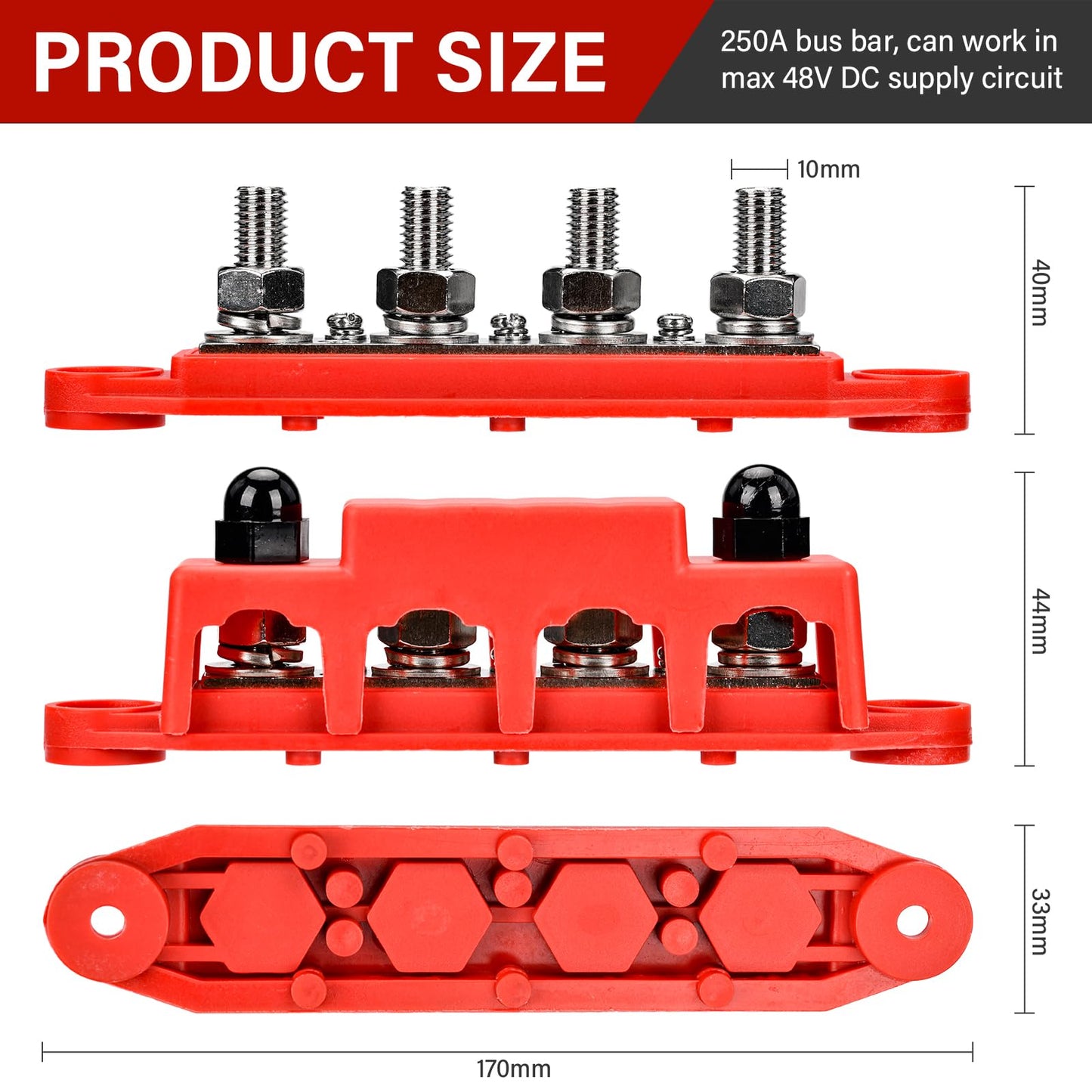 BEAUGIREW 12V 250A Bus Bar 3/8" Power Distribution Block 4 Studs Junction Block M10 Negative Positive Battery Busbar Terminal Block for Automotive Marine Solar System with Cover
