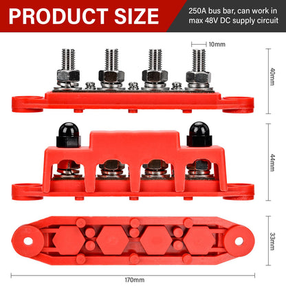 BEAUGIREW 12V 250A Bus Bar 3/8" Power Distribution Block 4 Studs Junction Block M10 Negative Positive Battery Busbar Terminal Block for Automotive Marine Solar System with Cover