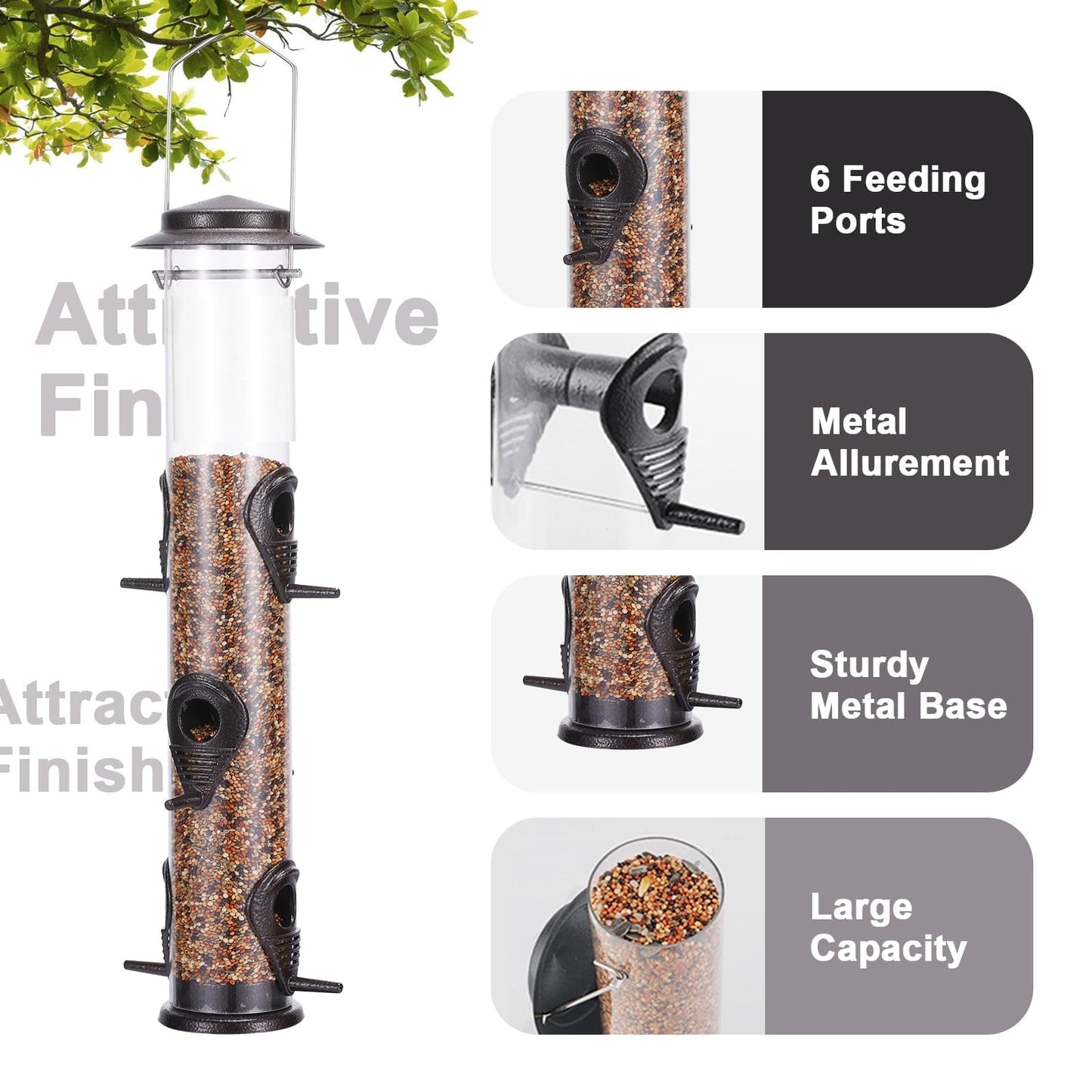 MIXXIDEA Metal Bird Feeder with 6 Feeding Ports, Bird Feeders for Outdoor Hanging, 16 inch Tube Bird Feeder with Steel Hanger & Hard Plastic, Attracting for Wild Birds (Coffee)