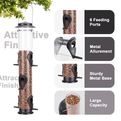 MIXXIDEA Metal Bird Feeder with 6 Feeding Ports, Bird Feeders for Outdoor Hanging, 16 inch Tube Bird Feeder with Steel Hanger & Hard Plastic, Attracting for Wild Birds (Coffee)
