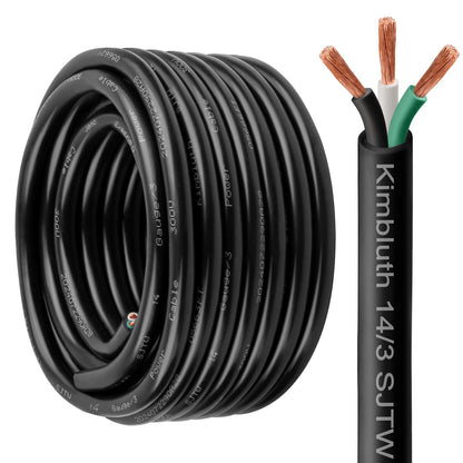 Kimbluth 14 Gauge 3 Conductor Wire SJTW Outdoor Extension Power Cable 10FT, 14/3 Wire Heavy Duty Pure Copper Electrical Wire for Lawn, Battery, Automotive, Outdoors