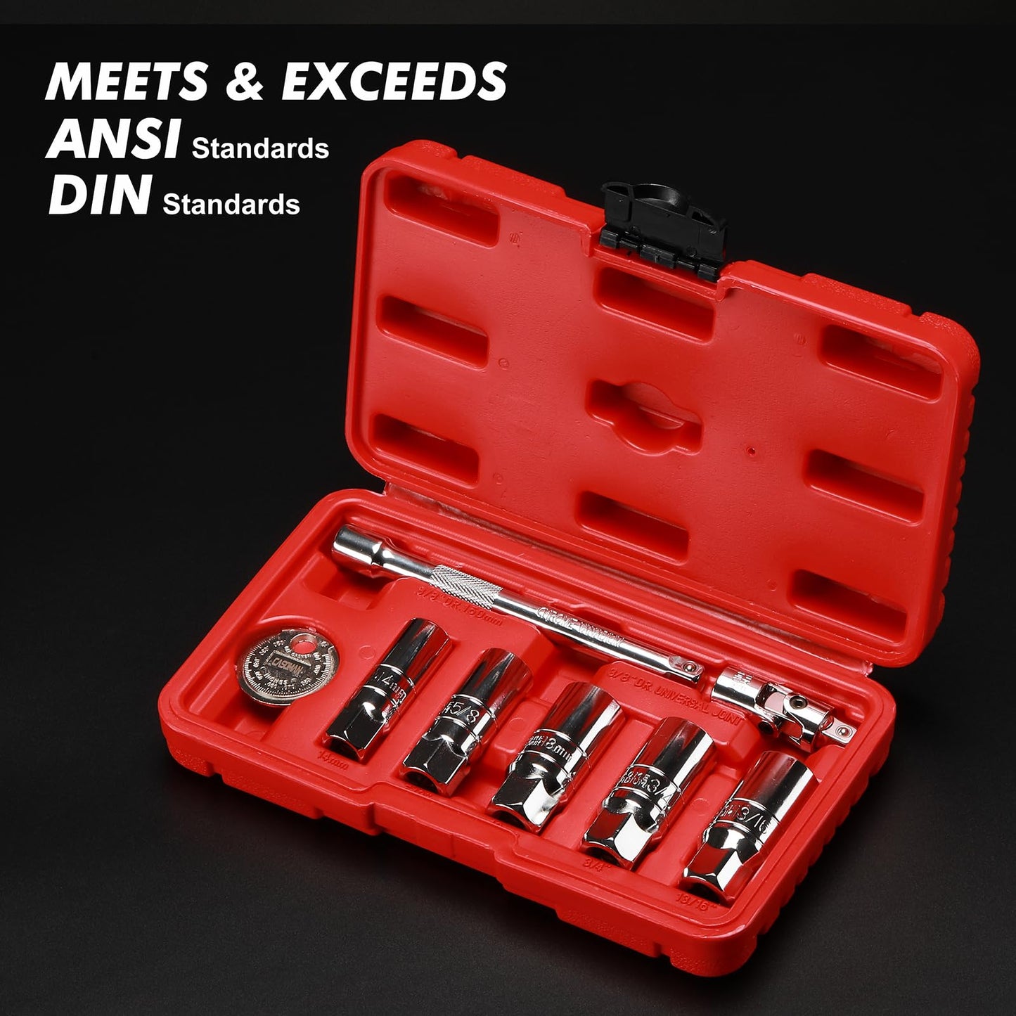 CASOMAN 3/8" Dr. Spark Plug Socket Set, 6-Point, Include 6-Inch Extension Bar, Unviersal Joint & Spark Plug Gapper, 8Piece Set, CR-V Steel