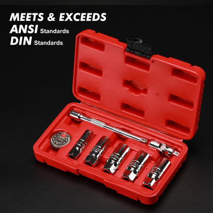 CASOMAN 3/8" Dr. Spark Plug Socket Set, 6-Point, Include 6-Inch Extension Bar, Unviersal Joint & Spark Plug Gapper, 8Piece Set, CR-V Steel
