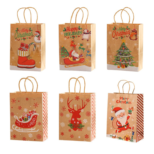 Ousaliyea 24pcs Christmas Bags with Handles: 6 Styles Assorted Kraft Paper Bags 5.9×3.1×8.3 inches Suitable for Xmas Party Favors Bags, Christmas Candy Bags and Christmas Goody Bags